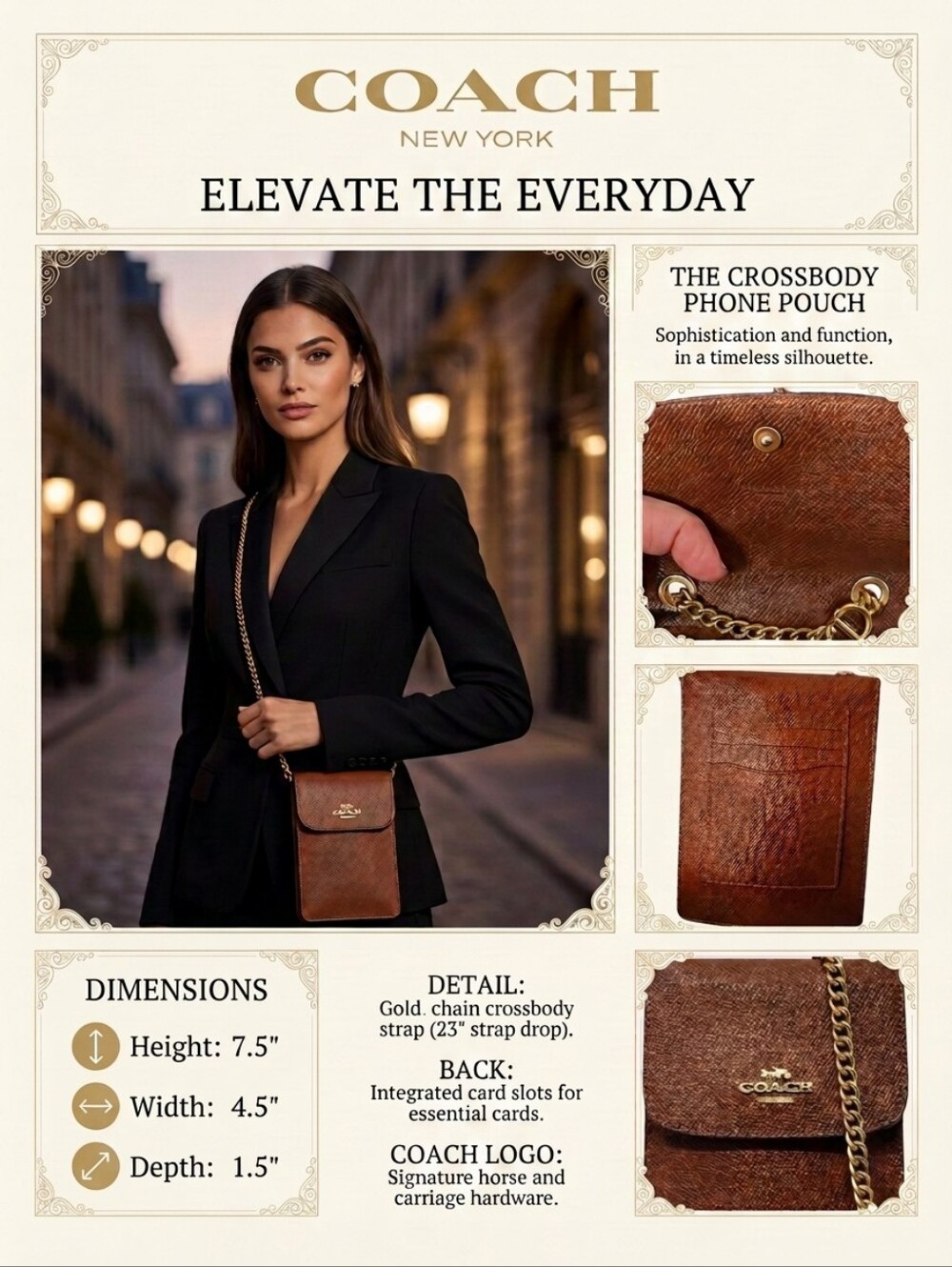 Coach Brown/Tan Leather Crossbody Phone Pouch Chain Strap Gold Hardware